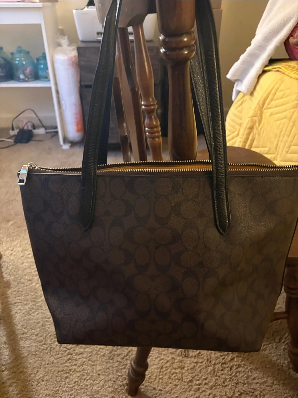 Coach Brown Signature Tote with Black Straps and Yellow Taxi Patch